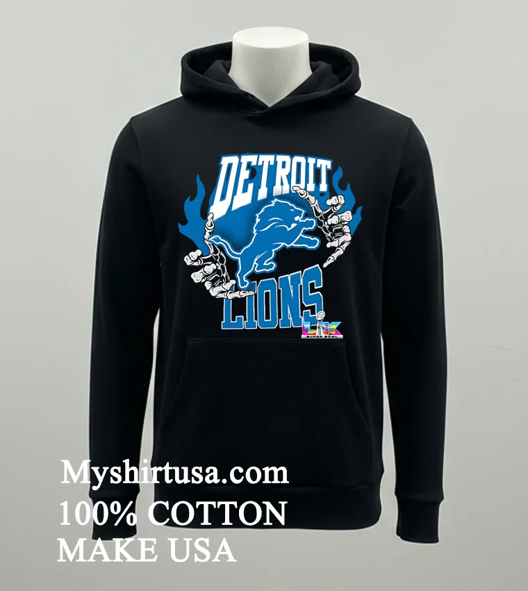 Detroit Lions Skeleton Hands Flaming Logo Lx Super Bowl Championship Shirt Balck Shirt