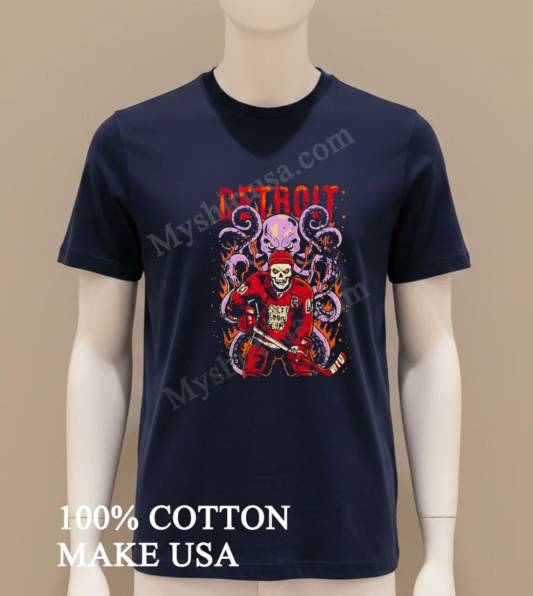 Detroit Salty Goon Gear Skeleton Hockey Player And Giant Octopus Shirt Navy Shirt
