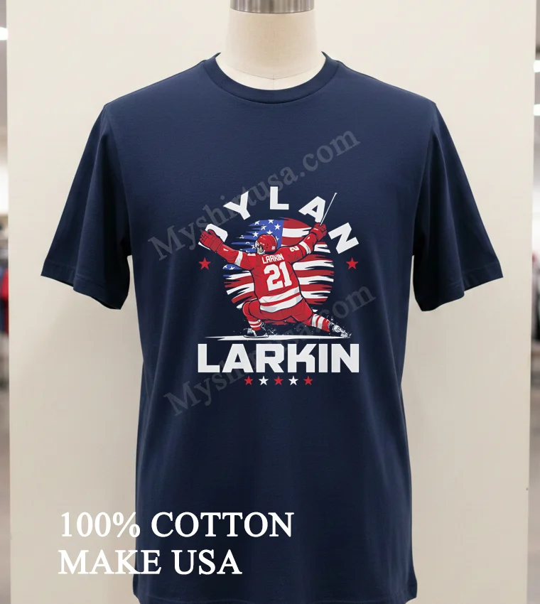 Dylan Larkin 21 American Flag Action Pose Shirt Navy Shirt 1