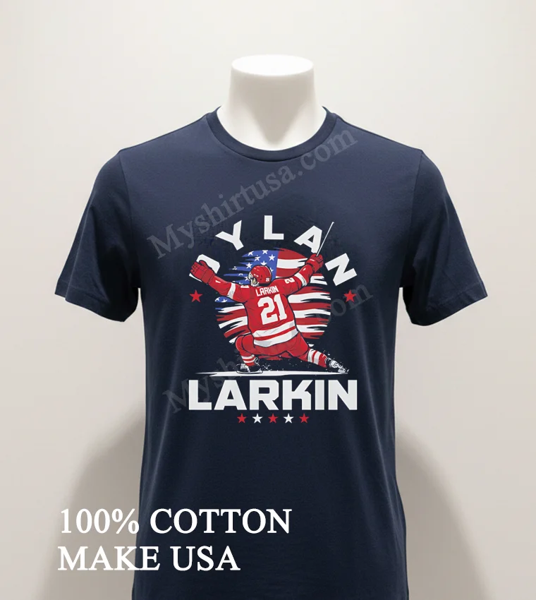 Dylan Larkin 21 American Flag Action Pose Shirt Navy Shirt