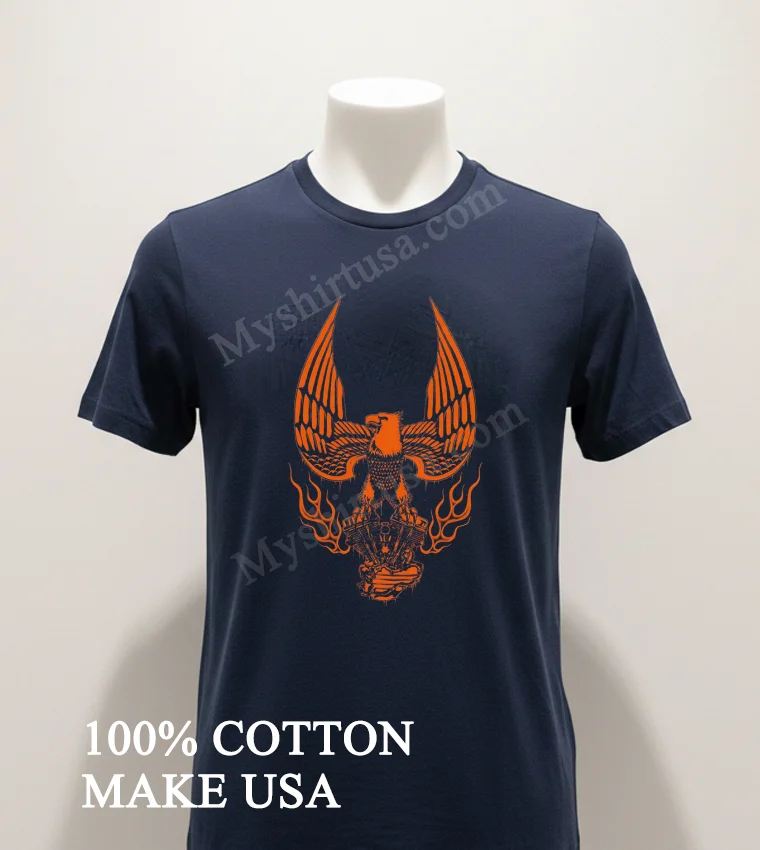 Eagle Winged Motorcycle Engine Fire Graphic Shirt Navy Shirt
