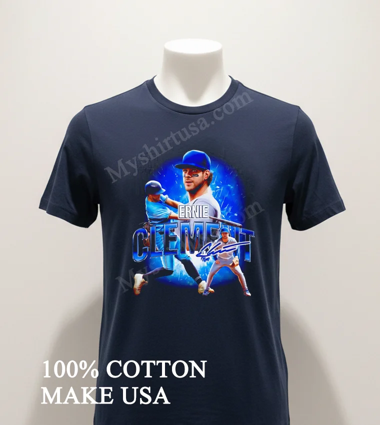 Ernie Clement Toronto Baseball Player Blue Action Pose Shirt Navy Shirt 1