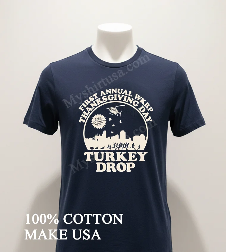 First Annual Wkrp Thanksgiving Day Turkey Drop Radio Les Nessman Shirt Navy Shirt 1
