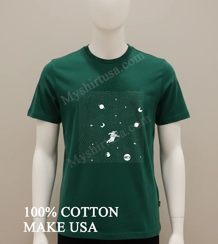 Floating Astronaut In Space Galaxy With Planets And Moon funny america t-shirts - green-shirt Floating Astronaut In Space Galaxy With Planets And Moon Shirt Green Shirt