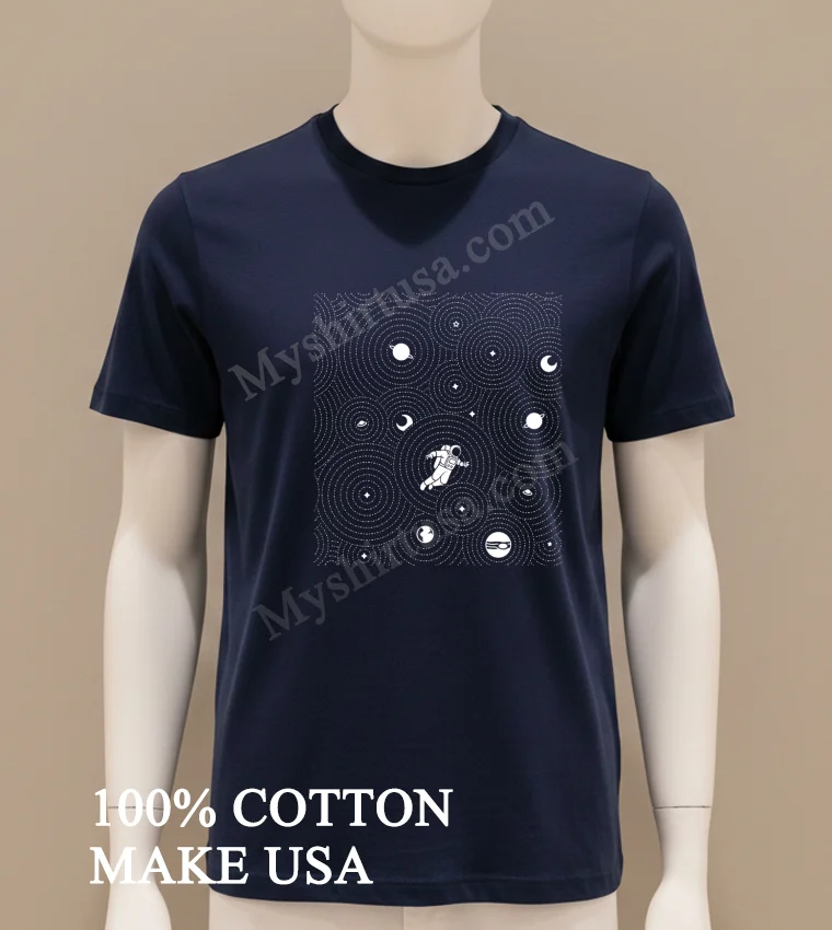 Floating Astronaut In Space Galaxy With Planets And Moon Shirt Navy Shirt