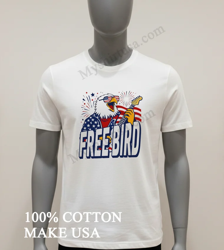 Free Bird Eagle Patriot American Flag Electric Guitar Shirt White T Shirt 1