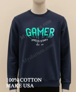 Gamer Press Start Yes No Cyan Retro Gaming funny america t-shirts