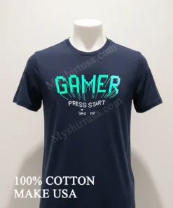 Gamer Press Start Yes No Cyan Retro Gaming funny america t-shirts