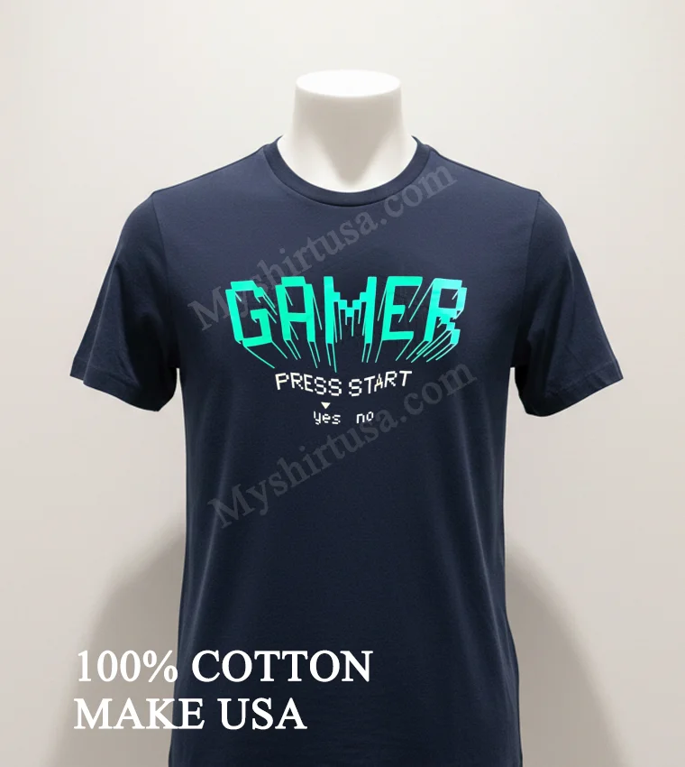 Gamer Press Start Yes No Cyan Retro Gaming funny america t-shirts - navy-shirt Gamer Press Start Yes No Cyan Retro Gaming Shirt Navy Shirt 1