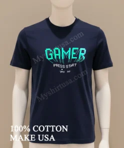 Gamer Press Start Yes No Cyan Retro Gaming funny america t-shirts