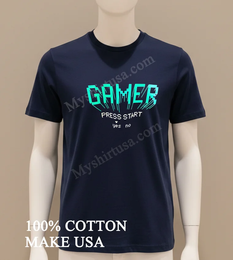 Gamer Press Start Yes No Cyan Retro Gaming Shirt Navy Shirt