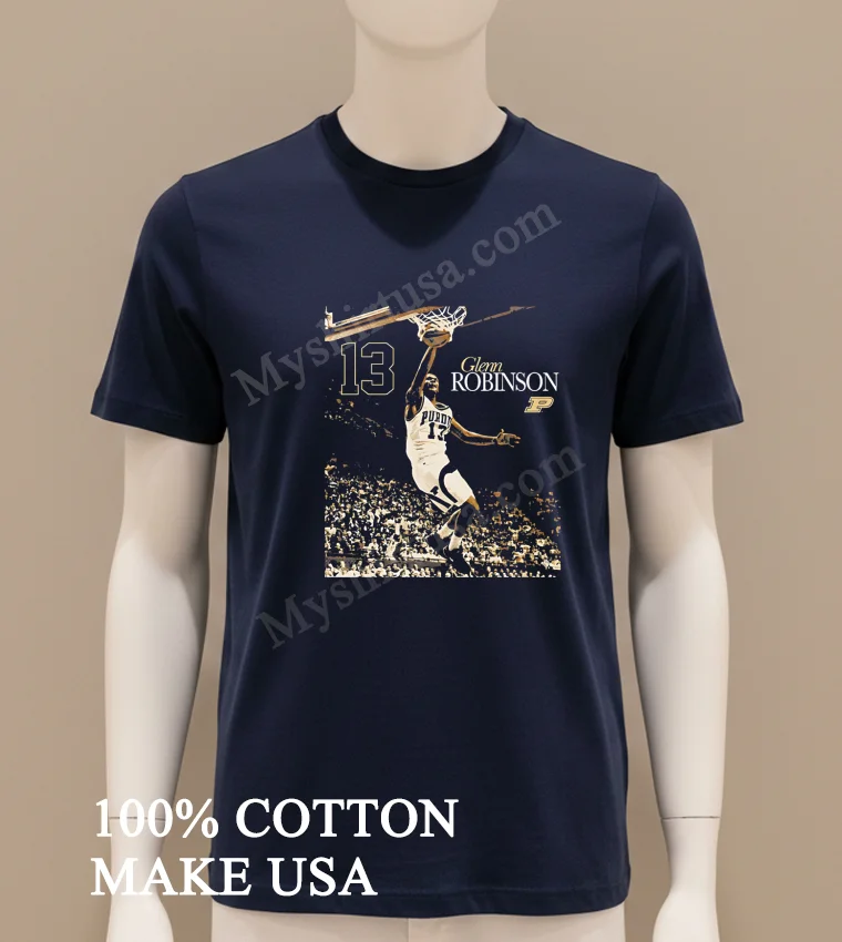 Glenn Robinson 13 Purdue Basketball Slam Dunk Graphic funny america t-shirts - navy-shirt Glenn Robinson 13 Purdue Basketball Slam Dunk Graphic Shirt Navy Shirt