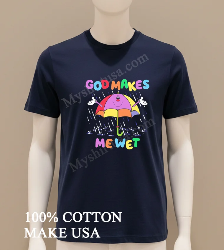 God Makes Me Wet Smiling Umbrella Character Rain Drops Shirt Navy Shirt