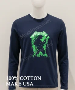 Godzilla Playing Electric Guitar In Metallica Style Font funny america t-shirts