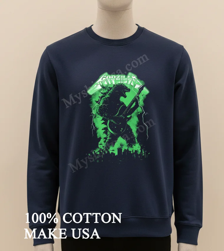 Godzilla Playing Electric Guitar In Metallica Style Font Shirt Long Sleve Shirt