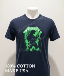 Godzilla Playing Electric Guitar In Metallica Style Font funny america t-shirts