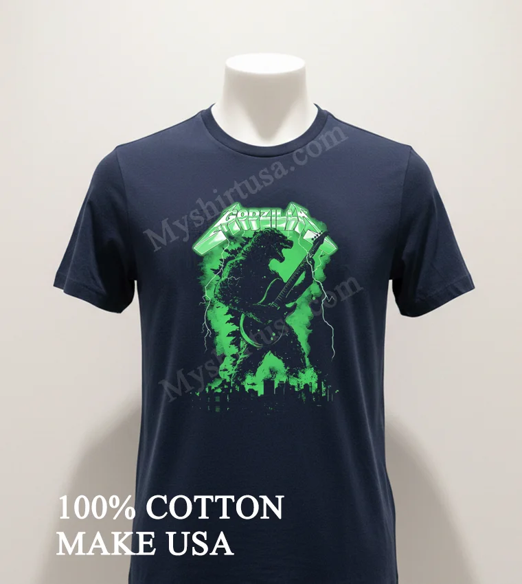 Godzilla Playing Electric Guitar In Metallica Style Font funny america t-shirts - navy-shirt Godzilla Playing Electric Guitar In Metallica Style Font Shirt Navy Shirt 1