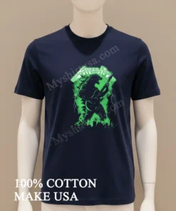 Godzilla Playing Electric Guitar In Metallica Style Font funny america t-shirts