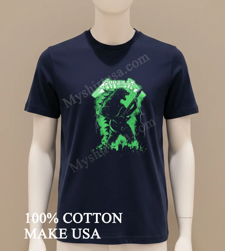 Godzilla Playing Electric Guitar In Metallica Style Font Shirt Navy Shirt