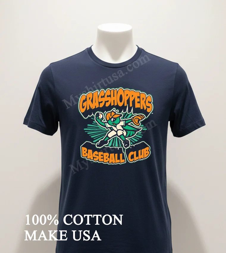 Grasshoppers Baseball Club Green Grasshopper Pitcher Mascot Logo funny america t-shirts - navy-shirt Grasshoppers Baseball Club Green Grasshopper Pitcher Mascot Logo Shirt Navy Shirt 1