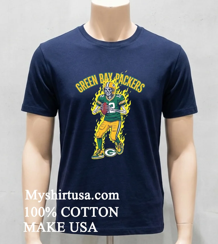 Green Bay Packers Mens Football Skeleton Player Burning Shirt Navy Shirt