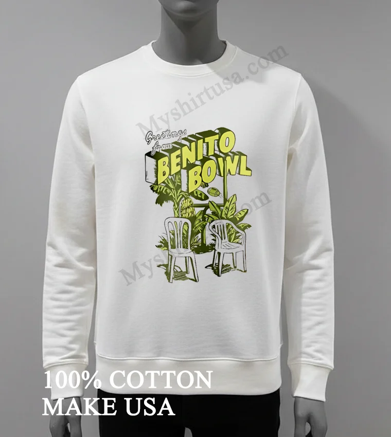 Greetings From Benito Bowl Palm Trees Bananas Football Goal Post Shirt White T Shirt 4