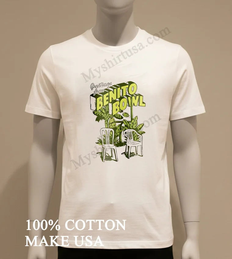 Greetings From Benito Bowl Palm Trees Bananas Football Goal Post Shirt White T Shirt