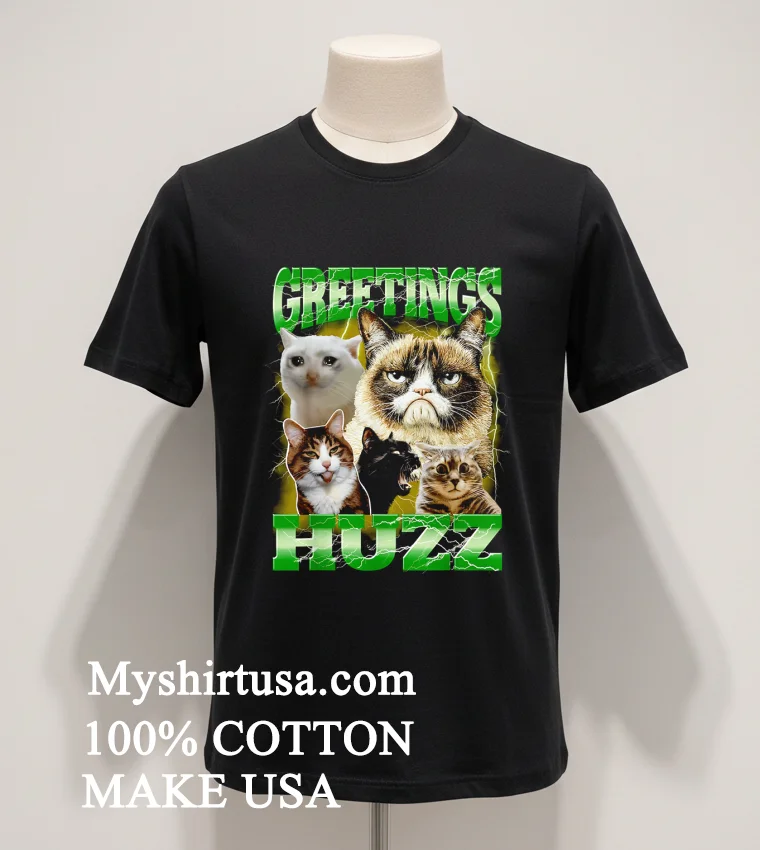 Greetings Huzz Lightning And Famous Meme Cats funny america t-shirts - balck-shirt Greetings Huzz Lightning And Famous Meme Cats Shirt Balck Shirt