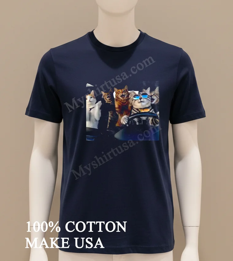 Group Of Party Cats Wearing Sunglasses Driving Car Shirt Navy Shirt