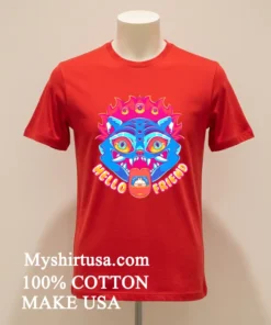 Hello Friend Derpy Tiger Kpop Demon Hunters Quirky Blue Cat Shirt Red Shirt