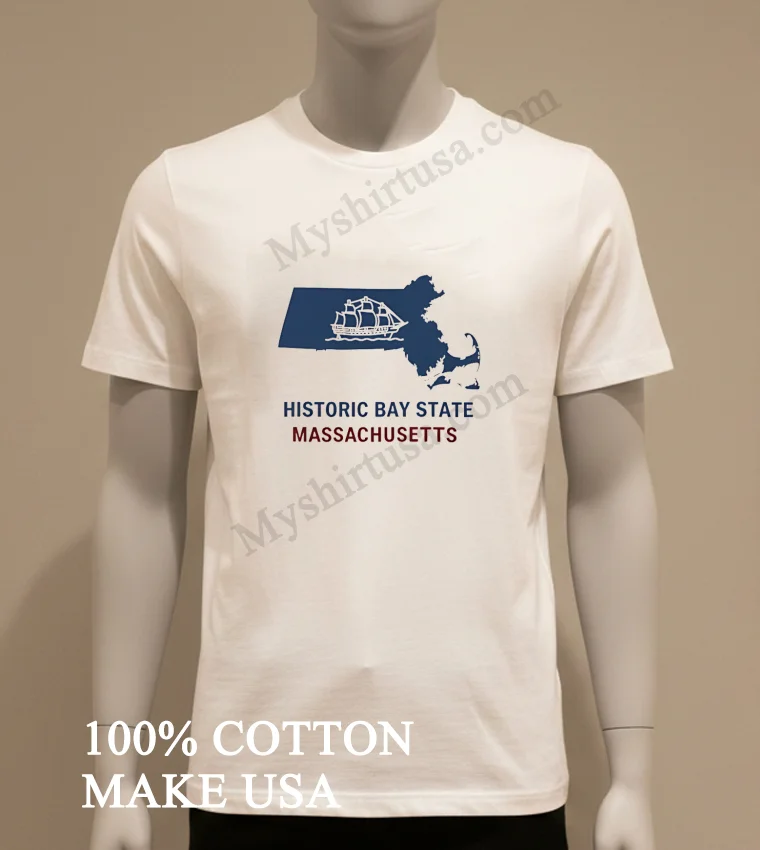 Historic Bay State Massachusetts Sailing Ship Blue Map Shirt White T Shirt 1