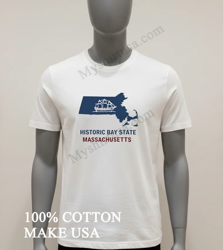Historic Bay State Massachusetts Sailing Ship Blue Map Shirt White T Shirt 2