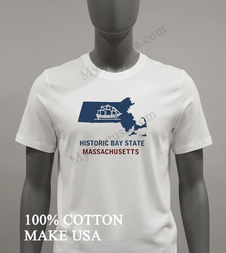 Historic Bay State Massachusetts Sailing Ship Blue Map funny america t-shirts - white-t-shirt Historic Bay State Massachusetts Sailing Ship Blue Map Shirt White T Shirt 3