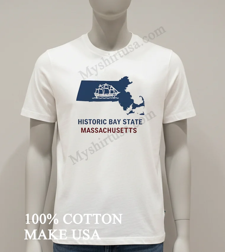 Historic Bay State Massachusetts Sailing Ship Blue Map funny america t-shirts - white-t-shirt Historic Bay State Massachusetts Sailing Ship Blue Map Shirt White T Shirt