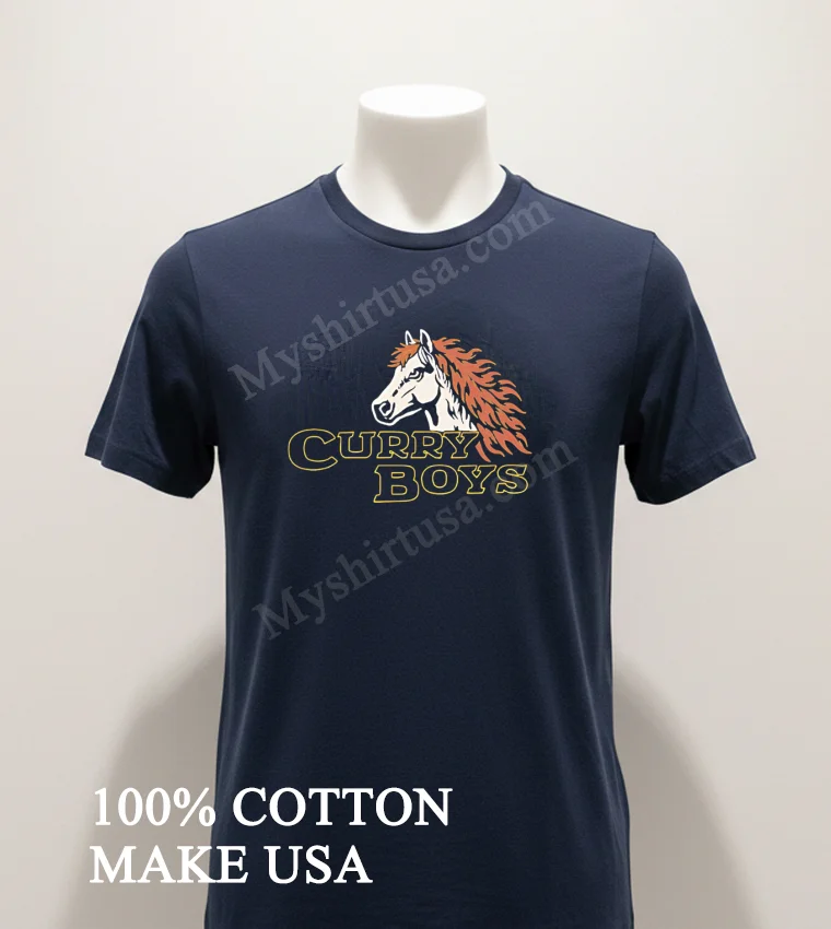 Horse With Fire Mane Yellow Outline Curry Boys Logo Shirt Navy Shirt 1