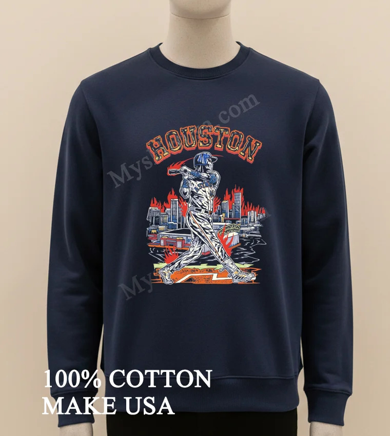 Houston Astros Skeleton Batter City Skyline Fire Shirt Long Sleve Shirt