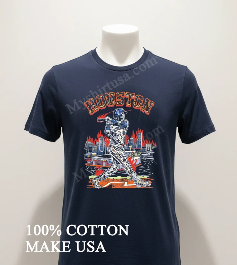 Houston Astros Skeleton Batter City Skyline Fire Shirt Navy Shirt 1