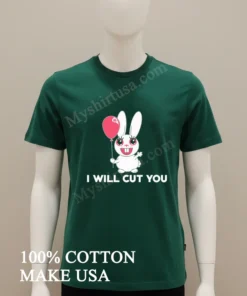 I Will Cut You Cute Bunny Holding Pink Balloon funny america t-shirts