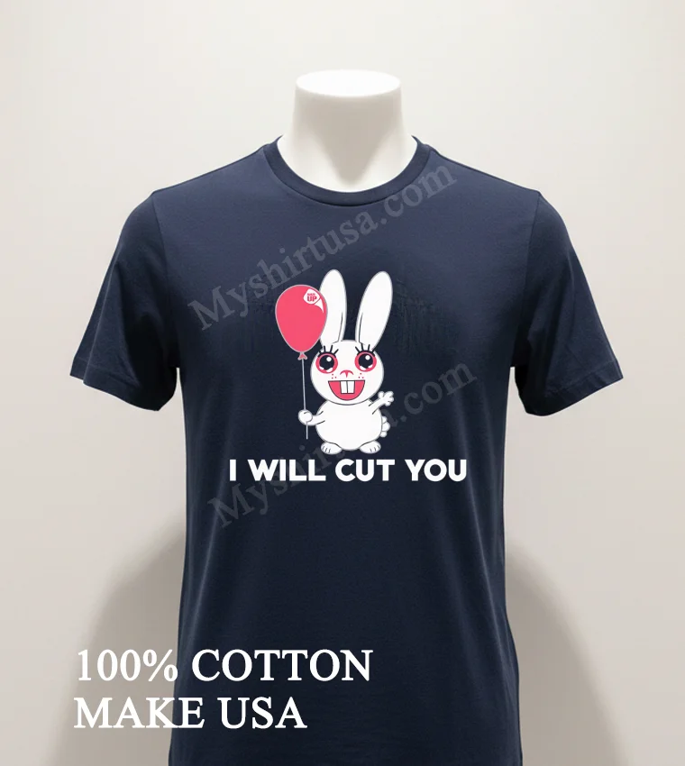 I Will Cut You Cute Bunny Holding Pink Balloon Shirt Navy Shirt 1