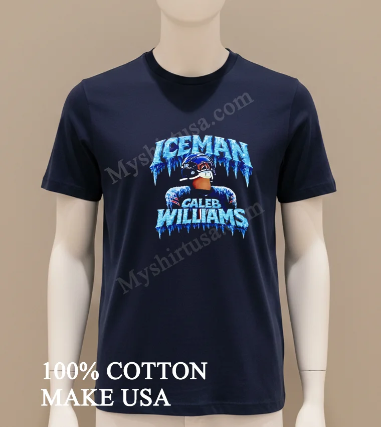 Iceman Caleb Williams Frozen Ice Text Football Quarterback Graphic funny america t-shirts - navy-shirt Iceman Caleb Williams Frozen Ice Text Football Quarterback Graphic Shirt Navy Shirt