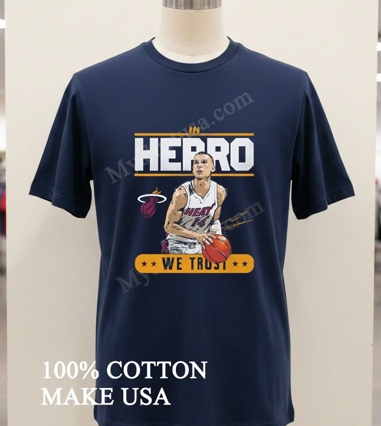 In Herro We Trust Miami Heat 14 Basketball Graphic Shirt Navy Shirt 1