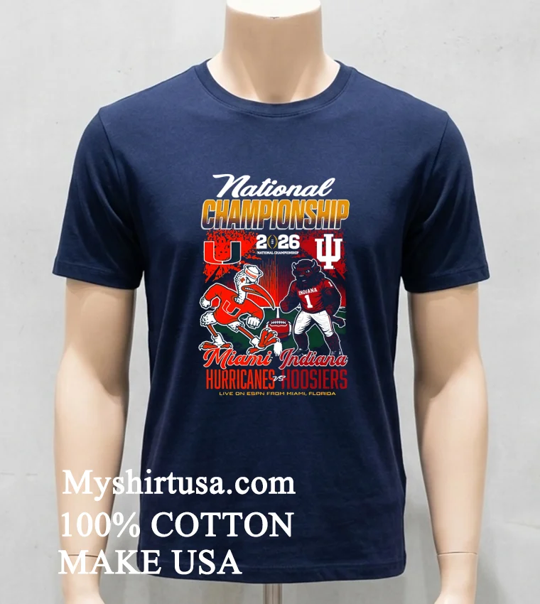 Indiana Hoosiers Vs Miami Hurricanes 2026 Cfp National Championship Mascot Match Up Shirt - navy-shirt Indiana Hoosiers Vs Miami Hurricanes 2026 Cfp National Championship Mascot Match Up Shirt Navy Shirt
