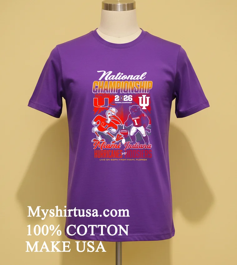 Indiana Hoosiers Vs Miami Hurricanes 2026 Cfp National Championship Mascot Match Up Shirt Purple Shirt