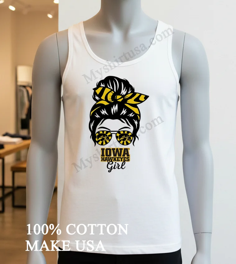 Iowa Hawkeyes Girl Sunglasses Messy Bun Shirt White T Shirt 3