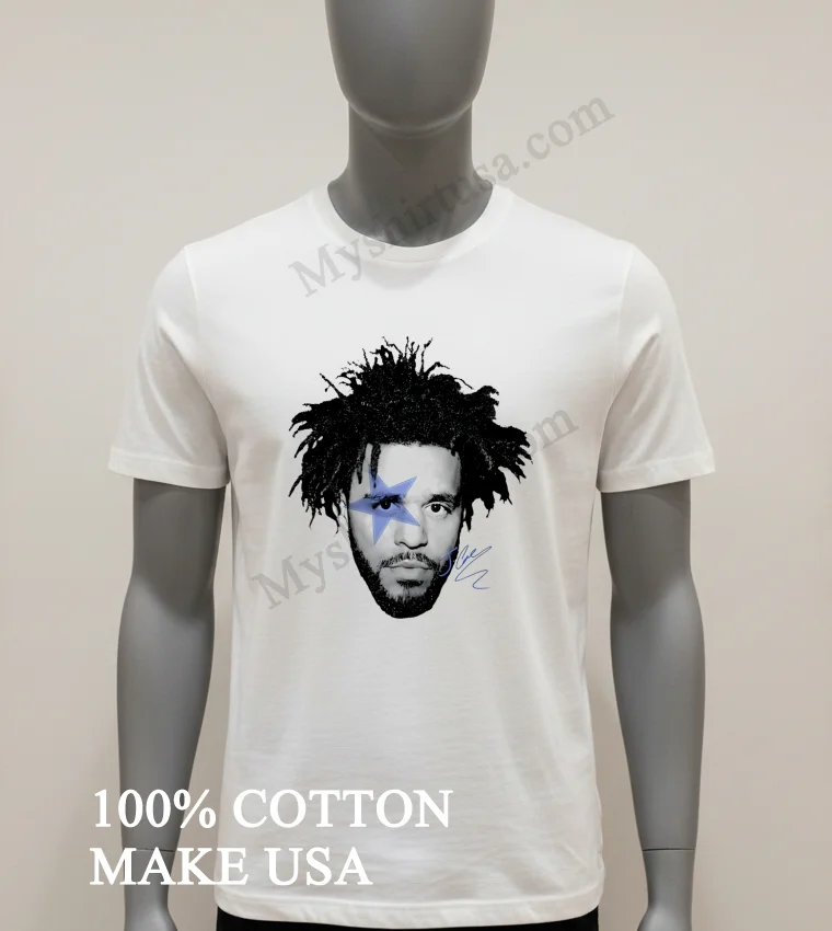 J Cole Blue Star Face Signature Graphic Music Rap funny america t-shirts - white-t-shirt J Cole Blue Star Face Signature Graphic Music Rap Shirt White T Shirt 1