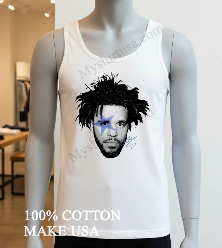 J Cole Blue Star Face Signature Graphic Music Rap Shirt White T Shirt 3