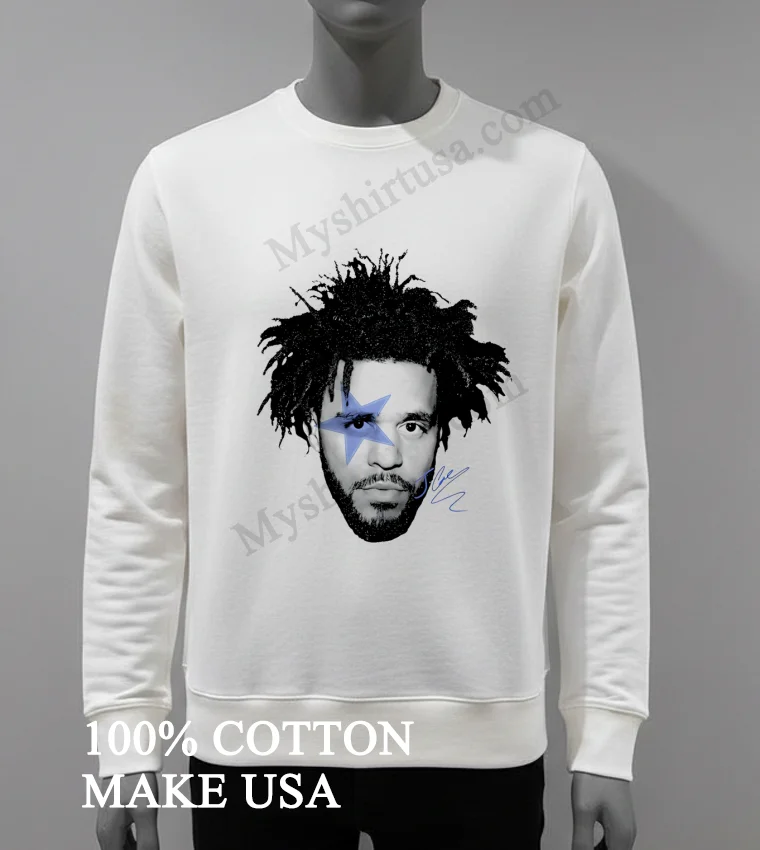 J Cole Blue Star Face Signature Graphic Music Rap funny america t-shirts - white-t-shirt J Cole Blue Star Face Signature Graphic Music Rap Shirt White T Shirt 4