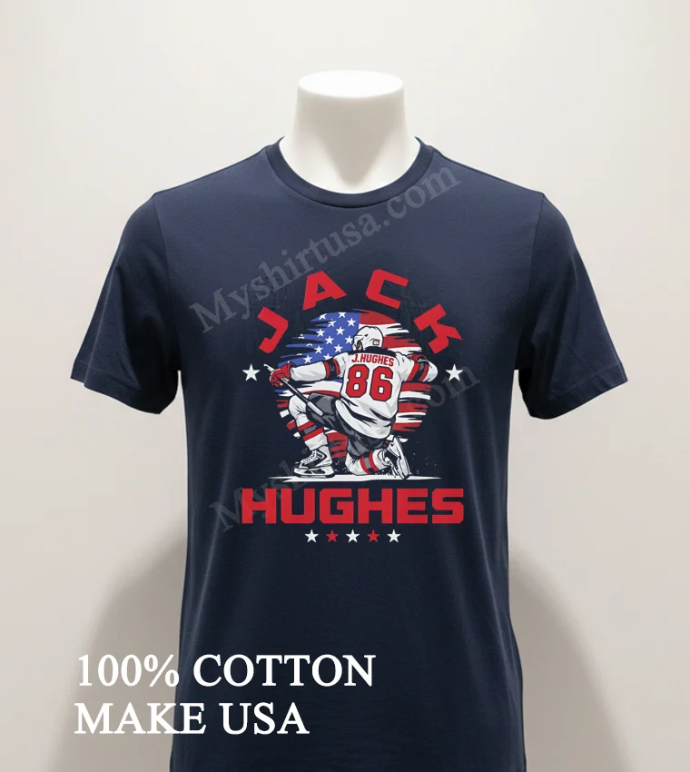 Jack Hughes 86 American Flag Action Pose Shirt Navy Shirt