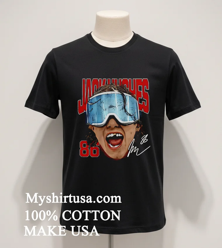 Jack Hughes Goggles Missing Tooth Signature 86 Shirt Balck Shirt