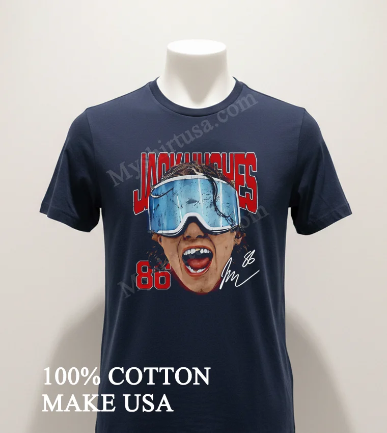 Jack Hughes Goggles Missing Tooth Signature 86 Shirt Navy Shirt